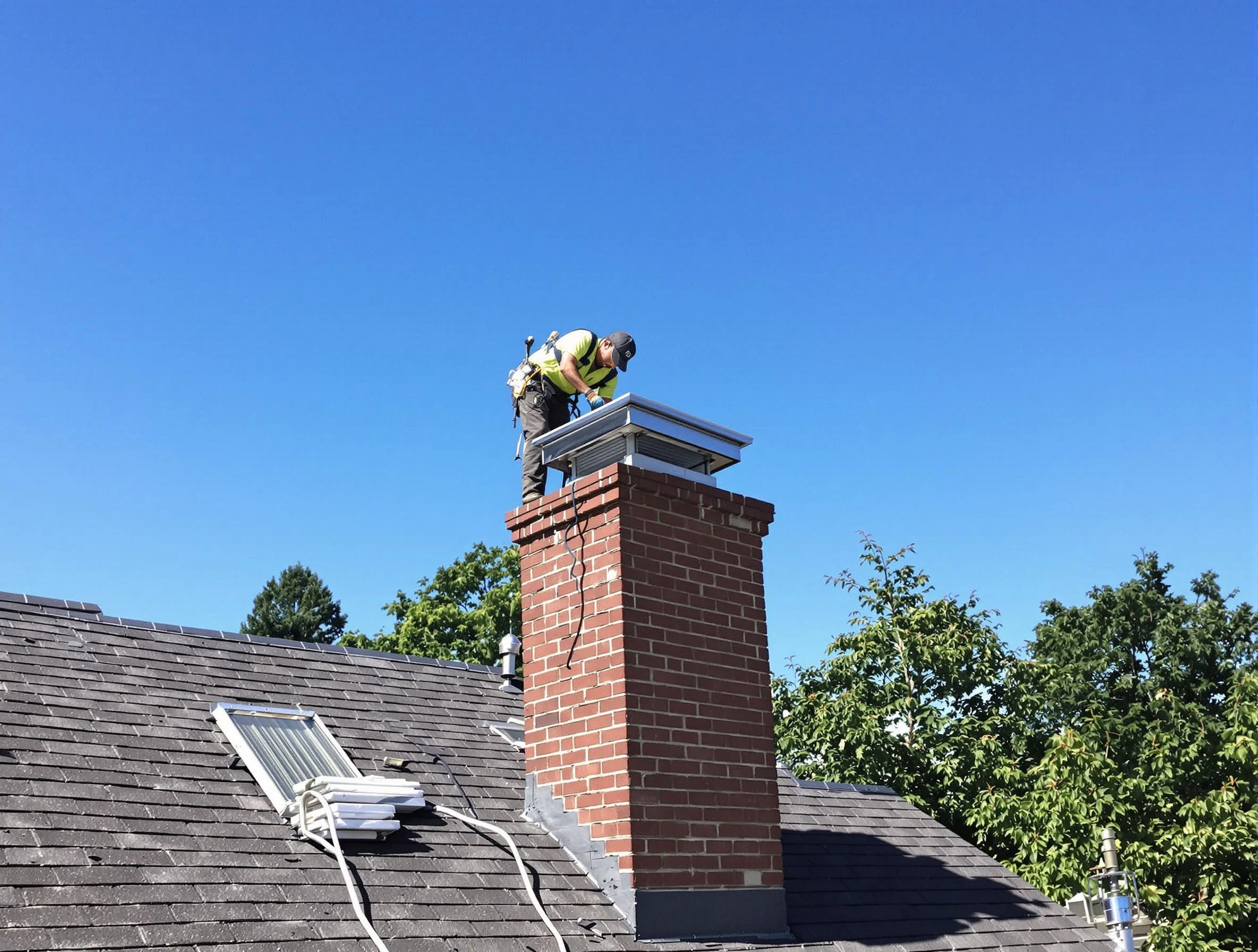 New Bedford Chimney Sweep technician measuring a chimney cap in New Bedford, MA